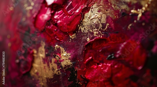 Close shot  abstract floral  gold leaf detailing  luxury reds  opulent texture  candlelit 