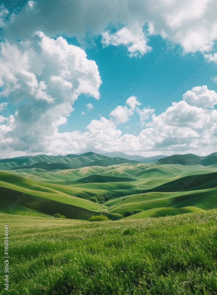 Endless Horizon: A Stunning View of a Vast Green Grassland Stretching Under the Clear Blue Sky and Fluffy White Clouds