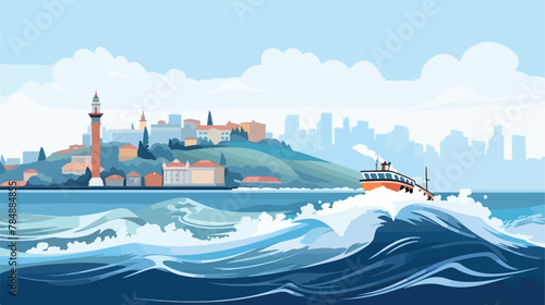 Waves made by ship engine on Bosphorus strait. Ista