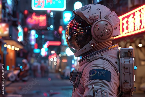 3D astronaut in vintage cyberpunk gear, exploring neon market, dusk setting photo