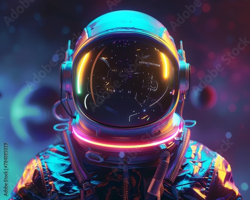 Oldschool cyberpunk astronaut with holographic tools, 3D model, soft focus lighting