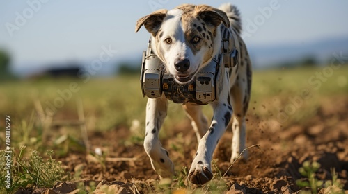 A dog is running through a field with a camera attached to its back. The dog appears to be enjoying the activity and is focused on the camera