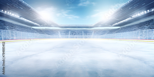 Hockey ice rink sport arena empty field stadium officials on a blue sky background 