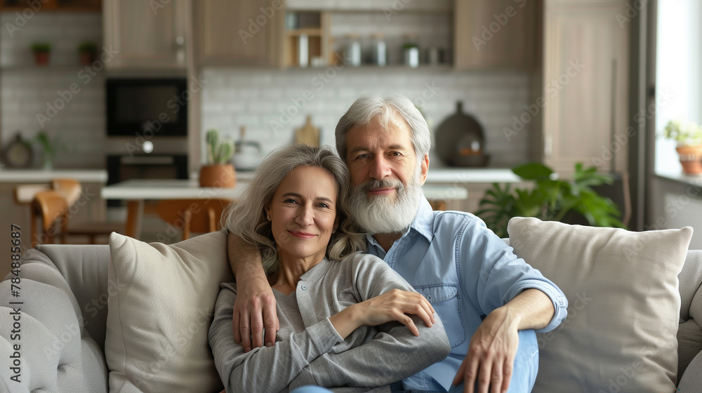 A man and woman are hugging on a couch. The man is wearing a blue shirt and the woman is wearing a pink shirt. They are both smiling and seem to be enjoying each other's company A man and woman are hugging on a couch. The man is wearing a blue shirt and the woman is wearing a pink shirt. They are both smiling and seem to be enjoying each other's company