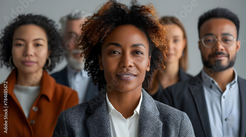 African American Businesswoman Exuding Confidence Surrounded by Diverse Team in Office photo