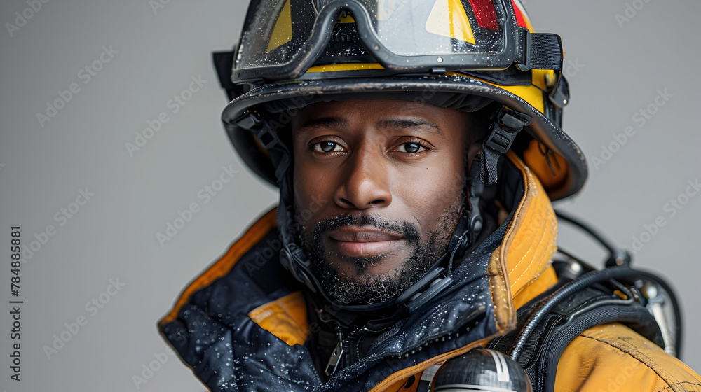 African American Firefighter in Helmet and Uniform Gazes Confidently on Grey Background African American Firefighter in Helmet and Uniform Gazes Confidently on Grey Background