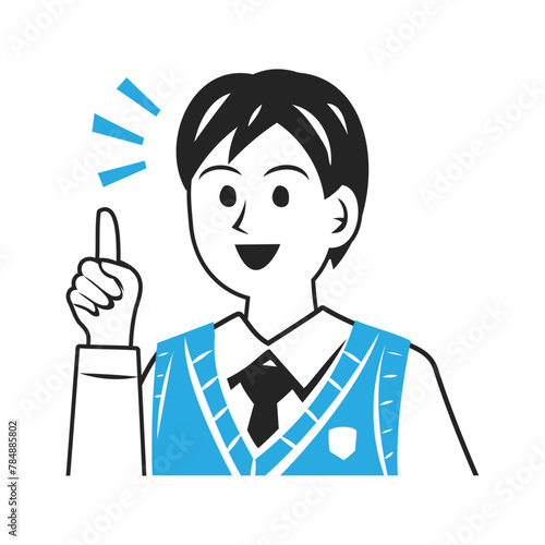 人差し指を立てるベストを着た中学生の顔。シンプルなベクターイラスト。
Face of a middle school student wearing a vest, pointing with his index finger. Simple vector illustration.