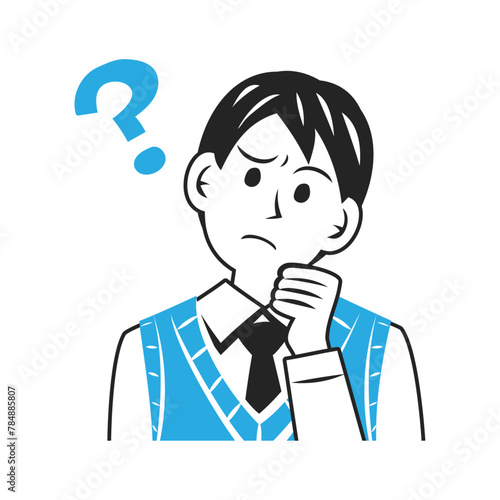 クエスチョンマークを浮かべるベストを着た中学生の顔。シンプルなベクターイラスト。
Face of a middle school student wearing a vest, with a question mark beside. Simple vector illustration.