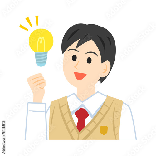 電球を浮かべるベストを着た中学生の顔。フラットなベクターイラスト。
Face of a middle school student wearing a vest, with a light bulb beside. Flat vector illustration.
