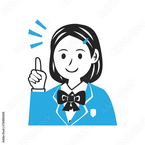 人差し指を立てるブレザーを着た中学生の顔。シンプルなベクターイラスト。
Face of a middle school student wearing a blazer, pointing with her index finger. Simple vector illustration.