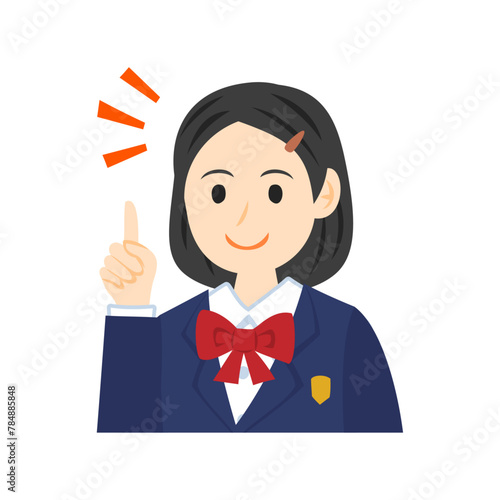 人差し指を立てるブレザーを着た中学生の顔。フラットなベクターイラスト。
Face of a middle school student wearing a blazer, pointing with his index finger. Flat vector illustration.
