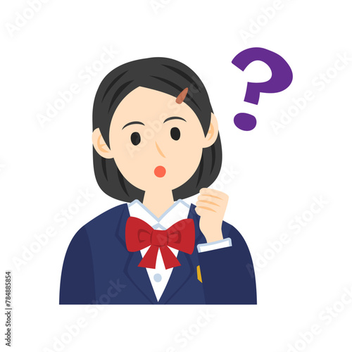 クエスチョンマークを浮かべるブレザーを着た中学生の顔。フラットなベクターイラスト。
Face of a middle school student wearing a blazer, with a question mark beside. Flat vector illustration.