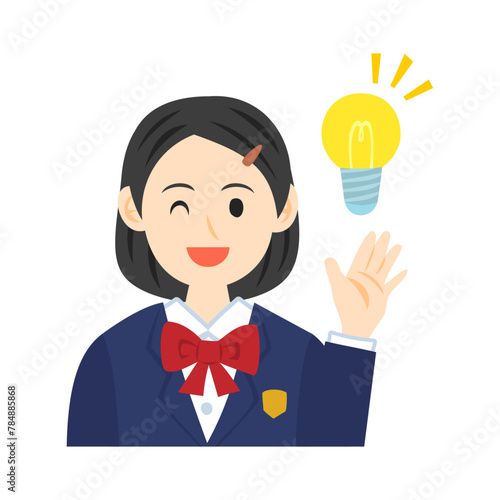 電球を浮かべるブレザーを着た中学生の顔。フラットなベクターイラスト。
Face of a middle school student wearing a blazer, with a light bulb beside. Flat vector illustration.