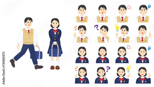 ベストやブレザーを着た中学生。フラットなベクターイラストセット。
Middle school students wearing a vest or blazer. Flat vector illustration set.
