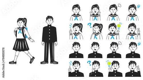 学ランやセーラー服を着た中学生。シンプルなベクターイラストセット。
Middle school students wearing a school uniform or sailor suit. Simple vector illustration set.