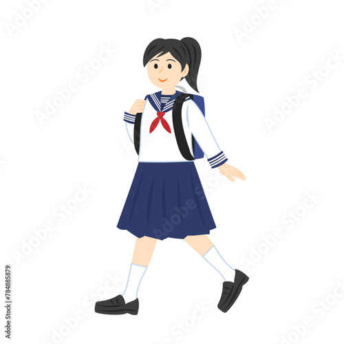 歩いているセーラー服を着た女子中学生。フラットなベクターイラスト。
Walking middle school student girl wearing a sailor suit. Flat vector illustration.
