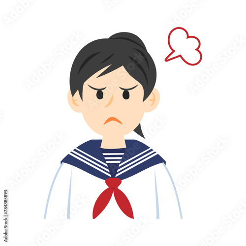 セーラー服を着た怒る中学生の顔。フラットなベクターイラスト。
Face of an angry middle school student wearing a sailor suit. Flat vector illustration.