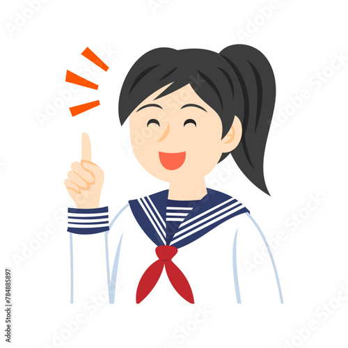 人差し指を立てるセーラー服を着た中学生の顔。フラットなベクターイラスト。
Face of a middle school student wearing a sailor suit, pointing with her index finger. Flat vector illustration.