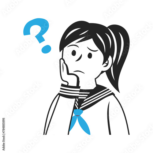 クエスチョンマークを浮かべるセーラー服を着た中学生の顔。シンプルなベクターイラスト。
Face of a middle school student wearing a sailor suit, with a question mark beside. Simple vector illustration.