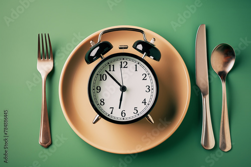 Alarm clock with fork and knife symbolizing time to eat