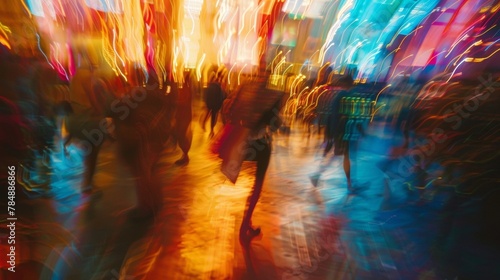A vibrant mix of colors and shapes fade into each other creating a mesmerizing backdrop for the chaotic dance of people in constant motion. This defocused background perfectly encapsulates .