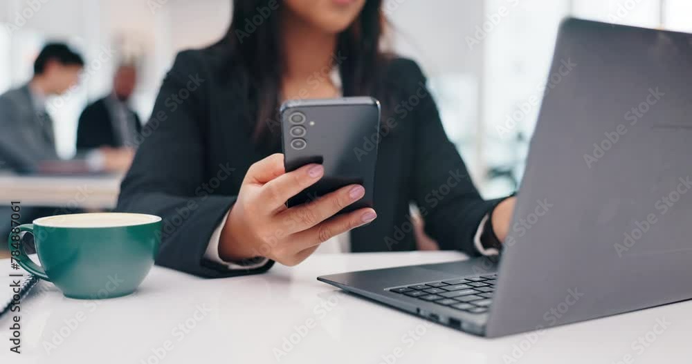 Closeup, broker and woman with a cellphone, laptop or internet with stock market or administration. Economy, accountant or agent with smartphone or financial blog with trading or digital app for info Closeup, broker and woman with a cellphone, laptop or internet with stock market or administration. Economy, accountant or agent with smartphone or financial blog with trading or digital app for info