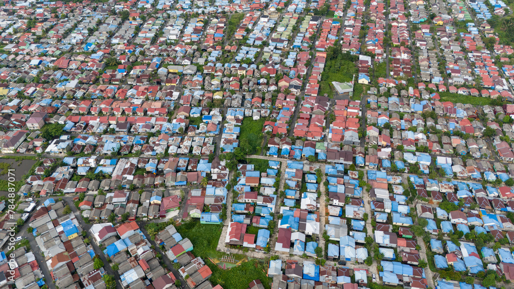 View of dense housing in South Kalimantan from a drone during the day View of dense housing in South Kalimantan from a drone during the day