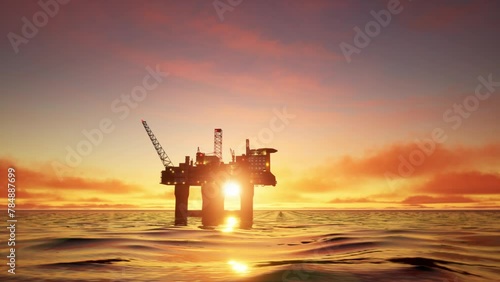 Aerial View Of Offshore Jack Up Drilling Rig During Sunset, Oil And Gas Industry photo