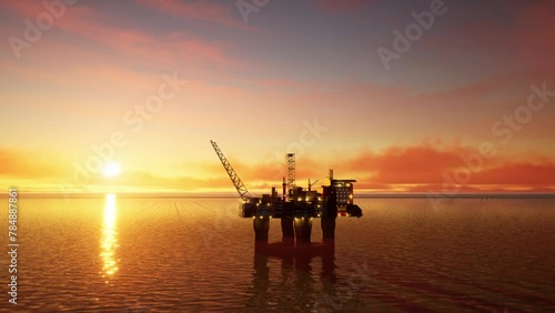 Aerial View Of Offshore Jack Up Drilling Rig During Sunset, Oil And Gas Industry
