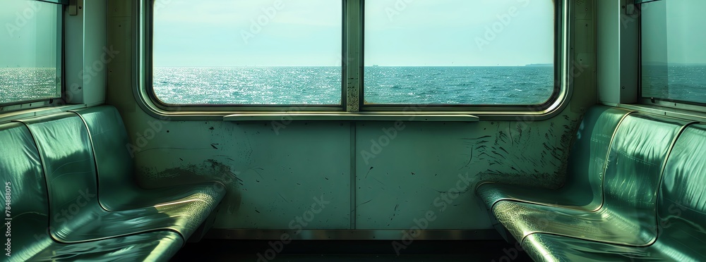 There is a dark green leather seat in the subway carriage, and outside the window is a sunny sea without anyone There are partial scenes inside
