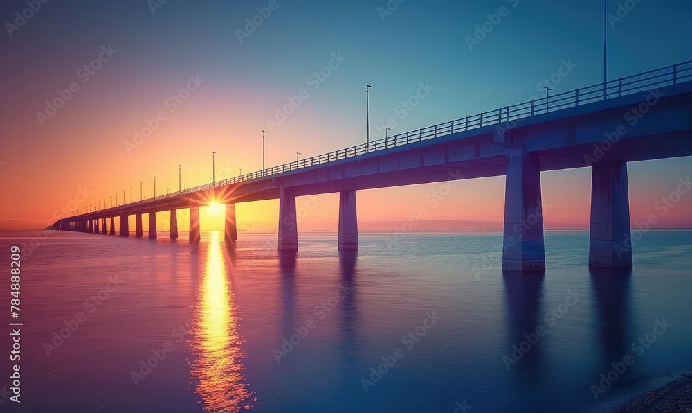 Sunrise Over the Majestic Cross Sea Bridge: A Serene and Tranquil Morning Scene Captured in the Clean Light of Dawn