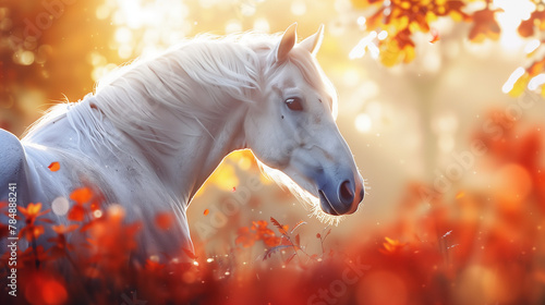 Autumn Majesty  Graceful White Horse in a Sunlit Fall Scene.
