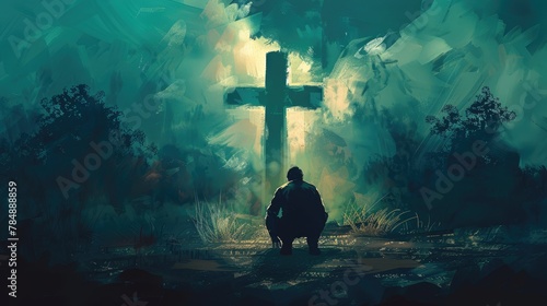 Concept of a man kneeling and praying in front of a cross. photo