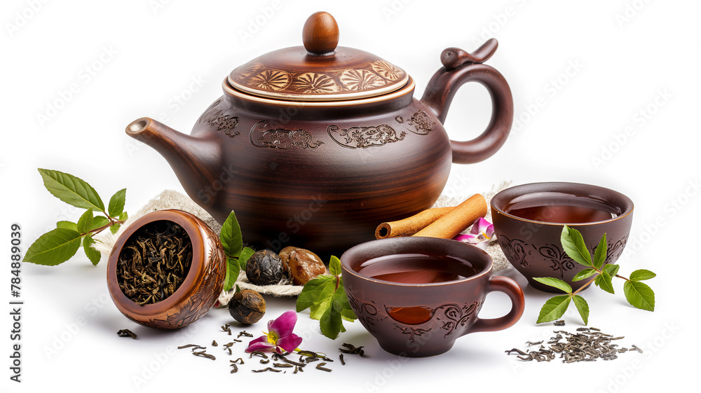 Traditional tea set with loose leaves, cinnamon, and fresh herbs on white.