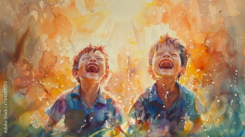 Watercolor happy laughing child: a portrait of youthful joy and innocence, captured in vibrant hues and delicate brushstrokes, evoking warmth and nostalgia. photo