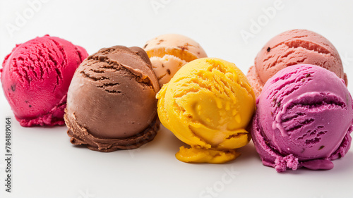 Colorful scoops of ice cream arranged on a white background.
