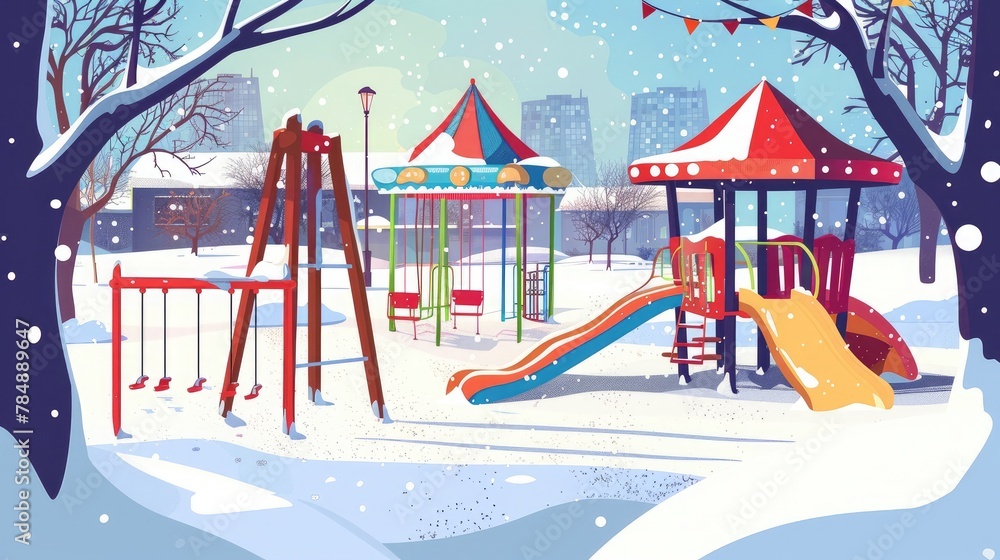 A playground in a public park or a kindergarten yard covered with snow in winter. A playground in a public park or a kindergarten yard covered with snow in winter.