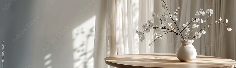Nordic Elegance White Blooms on Wooden Table in Minimalist Home Nordic Elegance White Blooms on Wooden Table in Minimalist Home