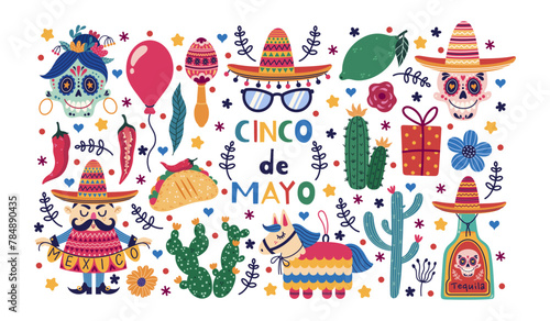 Cinco de Mayo vector set. Mexican holiday symbols - sombrero, tequila, lime, pinata, sugar skull, cactus. Man with a festive garland, maracas, taco. National carnival, fiesta. Cartoon doodle clipart