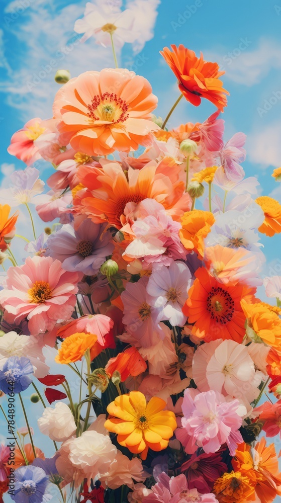A bouquet of flowers with a blue sky in the background
