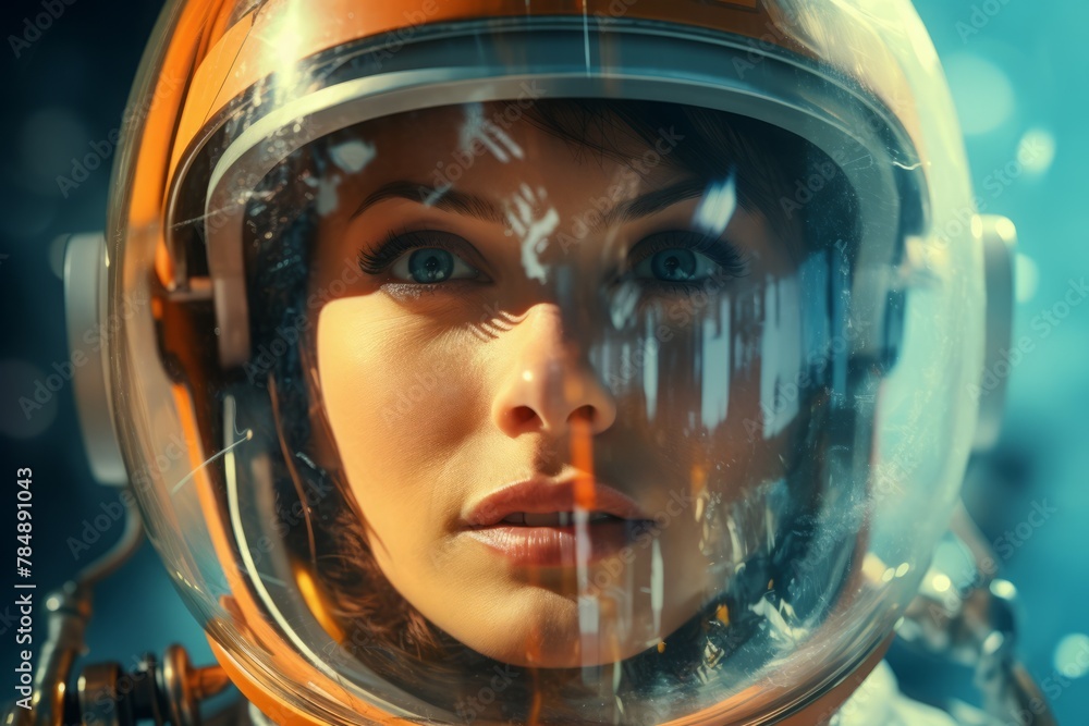 A woman in a space suit with a helmet on her head A woman in a space suit with a helmet on her head