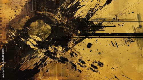 Japanese abstract illustration as if drawn in black ink on a gold folding screen