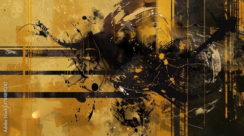 Japanese abstract illustration as if drawn in black ink on a gold folding screen photo