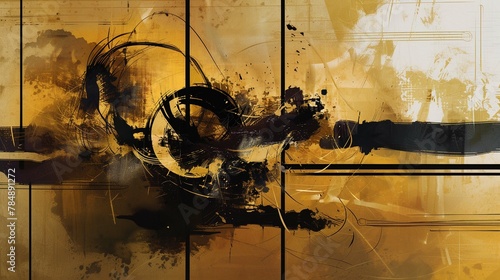 Japanese abstract illustration as if drawn in black ink on a gold folding screen