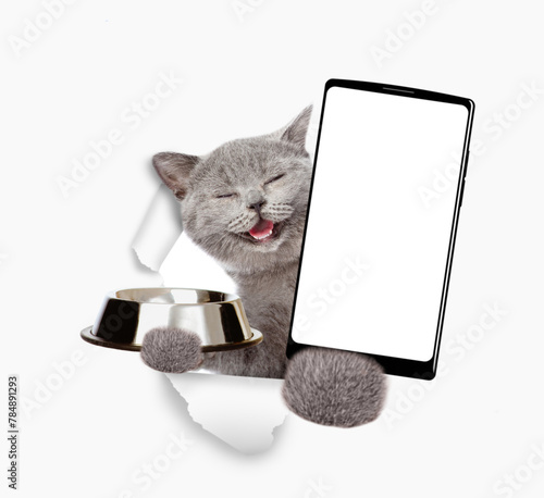 Happy cat looks through a hole in white paper, holds empty bowl and  shows smartphone with white blank screen in it paw, Empty free space for mock up, banner