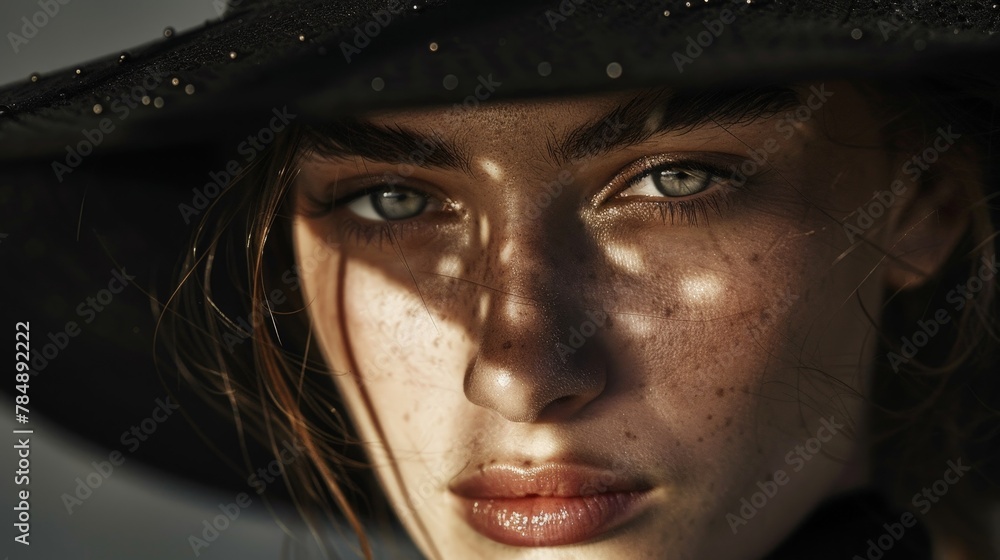 A captivating close-up of a fashion model, her gaze piercing through the camera, the brim of an elegant black hat casting a soft shadow that accentuates the mystery in her eyes. A captivating close-up of a fashion model, her gaze piercing through the camera, the brim of an elegant black hat casting a soft shadow that accentuates the mystery in her eyes.