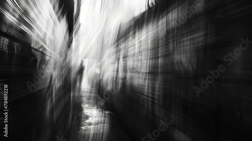 As the background blurs into streaks of light and shadow a sense of displacement and disorientation is created evoking the feeling of being caught in a time warp. .