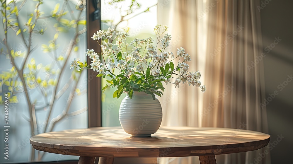 Nordic Elegance White Blooms on Wooden Table in Minimalist Home Nordic Elegance White Blooms on Wooden Table in Minimalist Home
