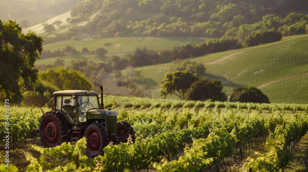 A lush green vineyard surrounded by rolling hills is the backdrop for a unique scene. A vintage tractor and other farming equipment modified to run on biofuels can be seen working . A lush green vineyard surrounded by rolling hills is the backdrop for a unique scene. A vintage tractor and other farming equipment modified to run on biofuels can be seen working .