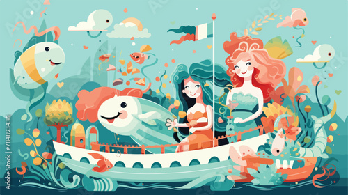 Whimsical underwater carnival with mermaids and se